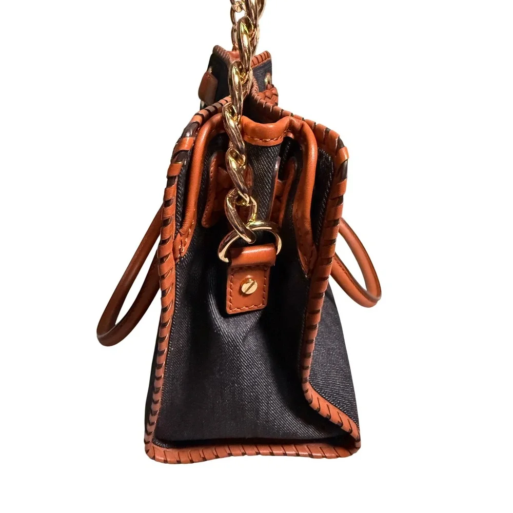 Michael Kors Hamilton Whipstitch Denim Leather Satchel Shoulder Bag Purse